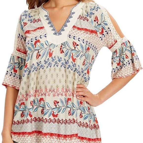 Vintage America Blues Sofia Vneck Textured Elbow Sleeve Printed Top Size L - Picture 10 of 10